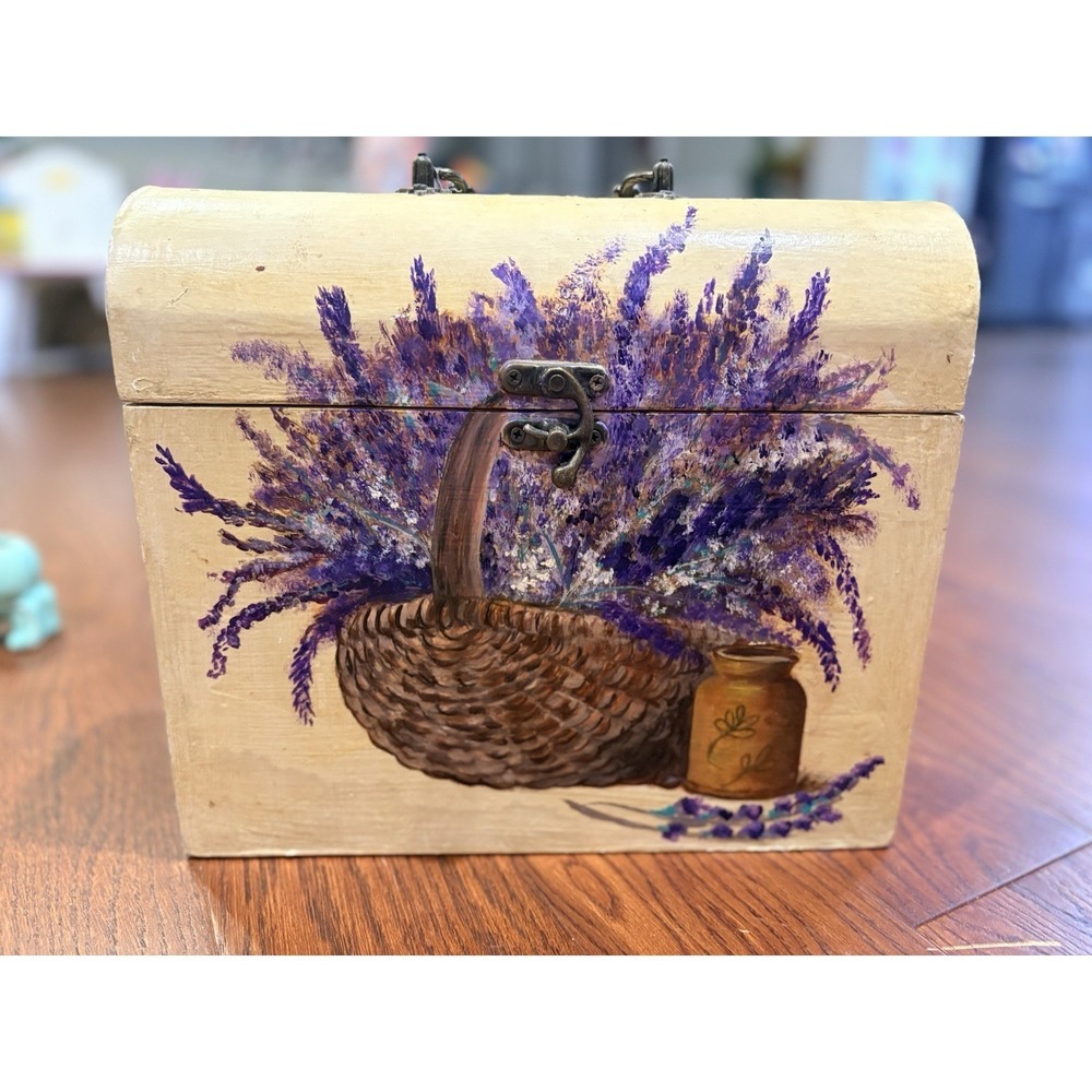Handpainted CottageCore Storage Box Lavender Floral Metal hardware